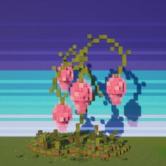 an image of a pixelated plant with pink flowers in the center and blue background