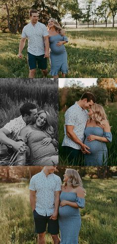 a couple cuddles in the grass with their baby bump bumpping on his belly