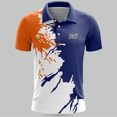 an orange and blue polo shirt with white paint splattered on the chest, in front of a gray background