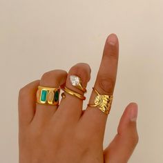 A chunky band decorated with three cat's eye stones: green, pink and white, as well as a rectangle green turquoise, makes this gorgeous statement ring. It's beautiful piece that can go with lots of things. Multi Gem Ring, Ring Shots, Cats Eye Stone, Three Cats, Green Turquoise, Unique Rings, Statement Rings, Gems