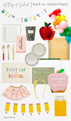 the back to school party poster is full of colorful items and paper crafts, including an apple