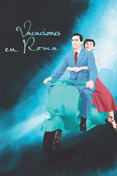 a man and woman riding on the back of a scooter in front of a blue background