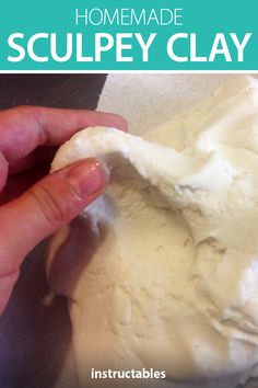 someone is making homemade sculpey clay with white powder on top and green text overlay