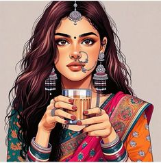 a painting of a woman holding a cup with nose ring and nose piercings on it