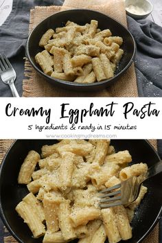 creamy eggplant pasta in a black bowl with a fork and spoon next to it