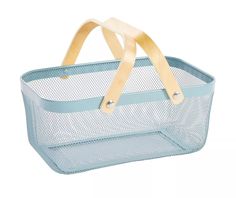 a blue plastic basket with handles and straps on the handle, sitting in front of a white background