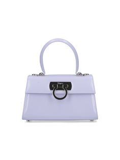 Ferragamo ornament gancini handbag in purple smooth leather, top handle, removable chain, snap button closure, ornament hook hardware detail, interior zip pocket, two inner compartments, and metal feet on the bottom. Composition: 100% Leather Purple Shoulder Bag With Silver-tone Hardware For Evening, Evening Bags With Silver-tone Hardware In Purple, Purple Evening Bags With Silver-tone Hardware, Formal Purple Bag With Silver-tone Hardware, Formal Purple Shoulder Bag With Branded Hardware, Purple Top Handle Bag For Formal Occasions, Formal Purple Shoulder Bag With Handle Drop, Formal Purple Top Handle Bag, Ferragamo Bag