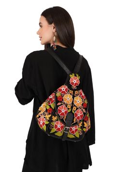 A Traditional Kashmiri Embroidered Handbag Made From Leather. The Colourful Flowers Set Against The Red Gives It A Beautiful Look. It Has One Compartment With A Zip. Can Be Used For Daily Routine Or For A Special Occasion. Its Entirely Up To You. Product Details - Condition: Brand New - Handmade - Style: Bag - Fabric: Leather - Embroidery: Kashmiri Aari Embroidery - Base Color: Black - Embroidery Color: Multi Color - Length: 15 Inch - Height: 12 Inch - Width: 5 Inch - Base: 4 Inch - Free Shipping : Yes Leather Embroidery, Embroidered Handbag, Colourful Flowers, Aari Embroidery, Embroidered Tote, Bag Fabric, Black Embroidery, Handbag For Women, Convertible Backpack