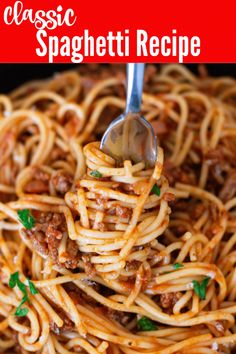 homemade spaghetti sauce on a fork with the title above it