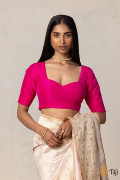 "A classical, feminine blouse in silk with a sweetheart neckline in the front and a deep square back completed with a dori tie detail.\u00a0\n\n\n Color - A beautiful shade of Pink. \nThis design can also be made in a colour of your choice.\n\n\n Fabric - Pure Silk\u00a0\nPlease allow 10-12 business days for despatch.\u00a0\n\n" Blouse Pattern Front And Back, Plain Pink Blouse Designs, Elegant V-neck Blouse Piece, Elegant Satin Tops With Sweetheart Neckline, Elegant Satin Top With Sweetheart Neckline, Elegant Fitted V-neck Blouse Piece, Elegant Wedding Tops With Boned Bodice, Elegant Fitted Pink Bodice, Elegant Pink Blouse Piece For Evening