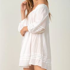 Nwt, 100% Cotton Boho Style Dress. Gorgeous Billowy Sleeves. Casual Flowy Dresses With Crochet Trim, Off-shoulder Mini Dress With Lace Trim For Beach, Cotton Off-shoulder Mini Dress For The Beach, Off-shoulder Cotton Mini Dress For Beach, Spring Cotton Mini Dress With Crochet Trim, Elegant Beach Mini Dress With Crochet Trim, Casual Dresses With Crochet Trim For Daywear, Cotton Crochet Dress For Daywear, Casual Long Sleeve Crochet Dress For Brunch