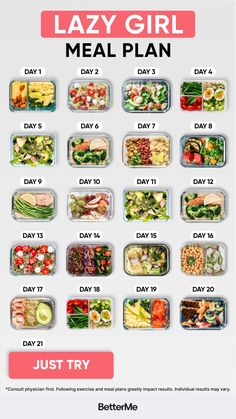 the lazy girl meal plan is shown in pink and white, with lots of different foods