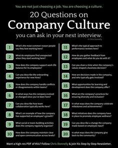 a poster with the words 20 questions on company culture you can ask in your next interview