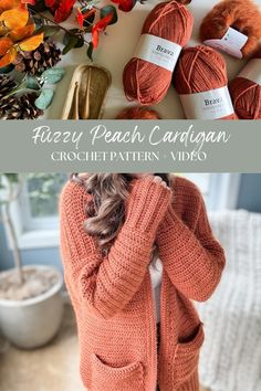 a woman standing in front of a pile of balls of yarn and knitting needles with the text fuzzy peach cardigan crochet pattern video