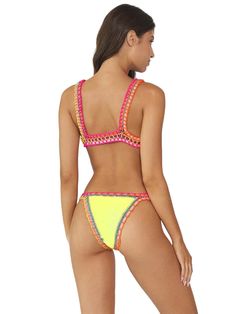 This triangle crochet bikini features exposed elastic detailing that adds a touch of vintage charm and stretchy fabric that ensures a comfortable and flattering fit for all body types. PQ Swim's famous retro-inspired bright yellow bikini produced in collaboration with original female Brazilian designer, Solange Ferrarini. The crochet bikini bottom is a one size fits all, with "teeny" style bottoms coverage. From the Ferrarini by PQ Swim collection.
 Select: Top, Bottom; Size: One Size Swim Crochet, Triangle Crochet, Crochet Swim, Bright Yellow, Stretchy Fabric, Retro Inspired, Body Types, Crochet Bikini, One Size Fits All