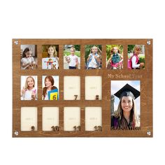 a wooden photo frame with six pictures and the words my school is in front of it