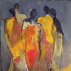 an abstract painting of three people in yellow and red