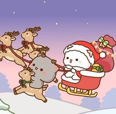 a cartoon santa claus riding on a sleigh with reindeers and other animals