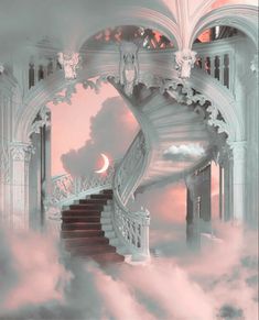 a staircase in the middle of clouds with a crescent above it and a half moon on top