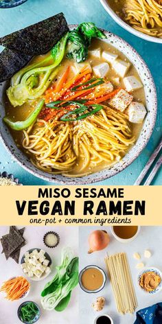 miso sesame vegan ramen with noodles, carrots and broccoli