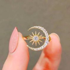 Sun And Moon Design Ring One Size- Please See Photo For Measurements Rhinestones Color: Yellow Gold Material: Copper Moon Gold Ring, Engagement Rings Sun, Gold Moon Ring, Sun And Moon Engagement Ring, College Business Casual, Moon And Sun Ring, Sun And Moon Ring, Moon Engagement Ring, Moon Rings