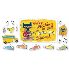 a bulletin board with various magnets and stickers for learning shoes, including an image of a cat playing the guitar