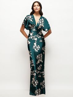 Plunge Neck Kimono Sleeve Floral Satin Bias Maxi Dress Fitted Satin Maxi Dress With Floral Print, Formal Green Bias Cut Maxi Dress, Spring Satin Maxi Dress With Short Sleeves, Satin Maxi Dress With Floral Print, Green Printed Evening Dress, Vintage V-neck Evening Maxi Dress, Elegant Printed Maxi Dress For Wedding, Green Floral Print Maxi Dress For Wedding, Floral Print Satin Maxi Dress