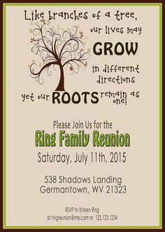 a family reunion flyer with a tree in the middle and words above it that read, like branches of a tree, our lives may grow in different directions