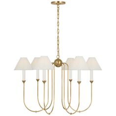 a brass chandelier with five white lamps hanging from the bottom and four shades on each