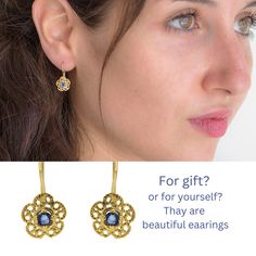 "A beautiful vintage style filigree earrings, 9k or 14k solid gold lace with sparkling blue sapphire gemstones have an chic appearance and will be perfect gift for Valentine's Day anniversaries, birthdays, and graduations, this piece is so cute and sophisticated that you would like to wear it every day. You can also gift these to your loved ones and best friends for a gift they are sure to adore! Product details : * Handmade * 9k/14k gold. * Earring length: 18mm / 0.70'' (with the ear wire.) * R Filigree Wedding Ring, Blue Sapphire Earrings, Vintage Gold Earrings, Flower Dangle Earrings, Lace Ring, Lace Earrings, Filigree Earrings, Gold Lace, Gold Earring