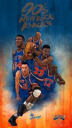 a painting of three basketball players in blue uniforms