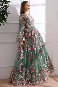 Long Sleeves O Neck Pink Floral Embroidery Sage Tulle Dress Patterned Bridesmaid, Sage Tea, Full Tulle Skirt, Prom Party, Tea Length, Summer Accessories, British Indian, Mozambique, Tulle Dress