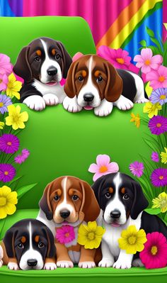 three puppies are sitting on a green couch surrounded by colorful flowers and daisies