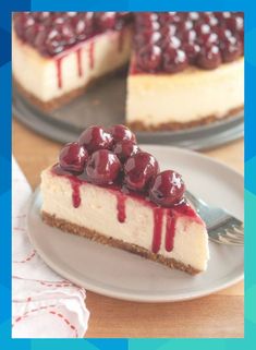 a slice of cheesecake with cherries on top