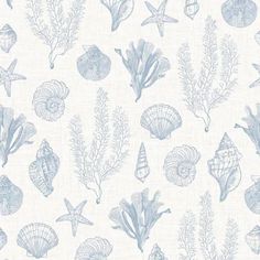 a blue and white wallpaper with sea shells