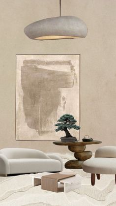 A Wabi-Sabi style Living Room decor inspiration image. Featuring a plush minimalist sofa, a cozy japandi chair and even a bonsai plant, creating a Japanese inspired decoration. Wabi Sabi Living Room, Wabi Sabi Living, Wabi Sabi, Lounge, Room Decor