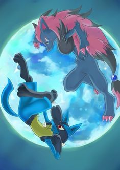 two cartoon characters in front of a full moon with blue and pink tails on their backs