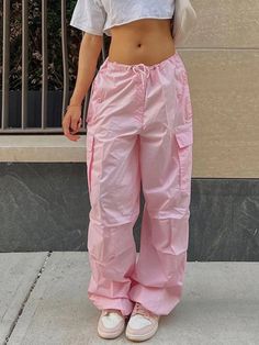 Celana Kargo, Y2k Cargo Pants, Cargo Pants Streetwear, Pink Street, Drawstring Waist Pants, Women Cargo Pants, Baggy Sweatpants, Baggy Cargo Pants, Wide Leg Sweatpants