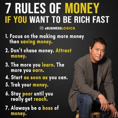 a man sitting on top of a stool in front of a black background with the words 7 rules of money if you want to be rich fast