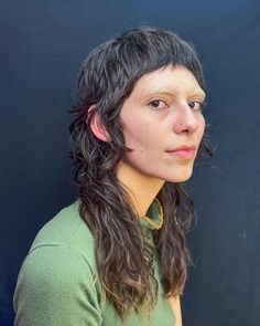 Perm Mullet Woman, Long Mullet Short Bangs, Long Haired Mullet, Copper Mullet Hair, Micro Bangs Tutorial, Queer Mullet Long, Edgy Mullet Women, Long Female Mullet, Mullet Micro Bangs