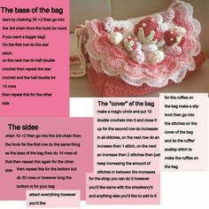 the instructions for crocheted purses are shown in pink and white, with flowers on