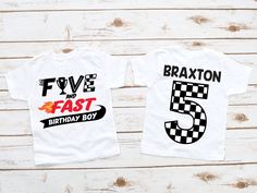 two birthday shirts with the number five printed on them