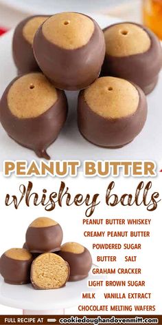 peanut butter whiskey balls on a white plate with text overlay that reads, peanut butter whiskers