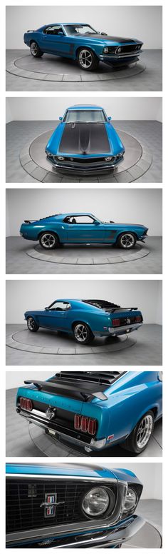 four different views of the front and rear end of a blue muscle car, from top to bottom