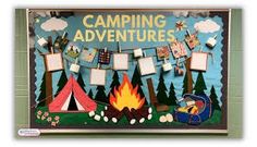 a camping bulletin board with pictures hanging from it's sides and the words camping adventures written on it