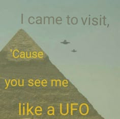 an image of a pyramid with birds flying in the sky above it that says i came to visit, cause you see me like a u fo