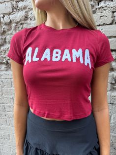 roll tide!! take on game days in style with our Alabama Crimson Tide baby tee:: available in UA's iconic crimson red with embroidered chenille patches on the front! this tailgate top is a buttery, soft knit fabric, semi cropped length with a sporty textured graphic! shop our game day collection here! size, details & care model size Kaylee is 5'7" 117lbs with a 30" chest, 24" waist, and 25" hips wearing a small details self: 95% rayon, 5% spandex care hand wash only in cold water lay flat to dry Alabama Baby, Chenille Patches, Alabama Roll Tide, Semi Cropped, Dressy Pants, Crimson Red, Roll Tide, Small Details, Alabama Crimson