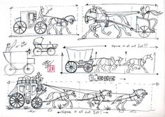 some drawings of horses pulling a carriage