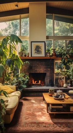 a living room filled with furniture and a fire place in the middle of a room