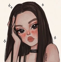 a drawing of a girl with black hair and brown eyes, wearing a choker